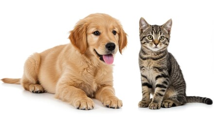 Fototapeta premium Dog and Cat Friendship Portrait Cute Puppy and Kitten on White