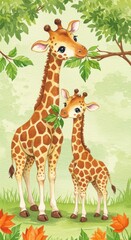 Obraz premium Cute Illustration of Giraffe Family with Green Leaves and Green Grass