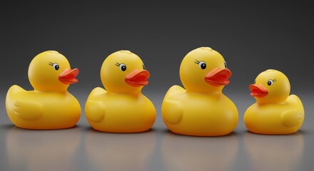 Four Yellow Rubber Ducks Bath Toys Close Up Still Life