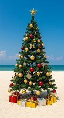 Christmas Tree Ornaments Gifts on Sunny Tropical Beach Scene Ocean