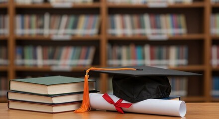 Graduation Photo of Books Diploma and Mortarboard in Library Setting