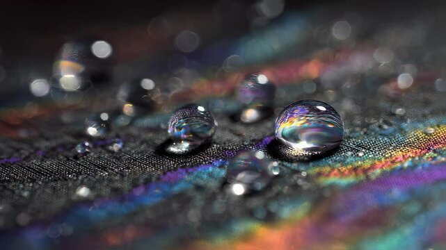 Water droplets maintaining spherical shape on vibrant waterproof fabric, revealing stunning hydrophobic properties through iridescent reflections and surface tension