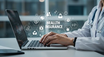 Close Up Doctor Typed Health Insurance on Laptop in Clinic Office