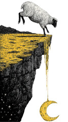 Surreal image of sheep on cliff with golden moon illustration