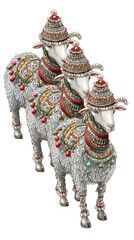 Three ornate sheep decorated with colorful traditional accessories