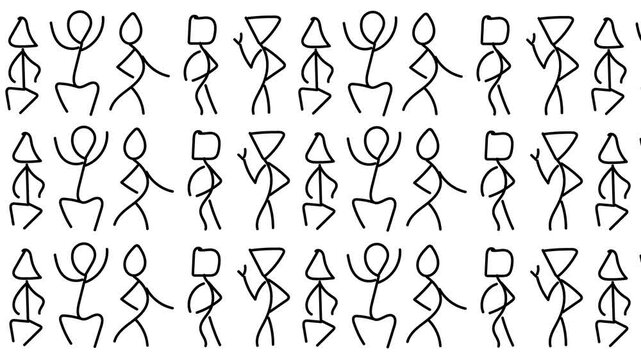 People or cartoon characters move across the screen.