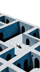 Abstract minimalist maze with lone person exploring intricate pathways