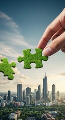 Green Puzzle Piece Connecting City Growth With Hand And Urban Sky