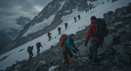 Group Climbing Snow Mountain During Daytime Extreme Mountaineering Hike