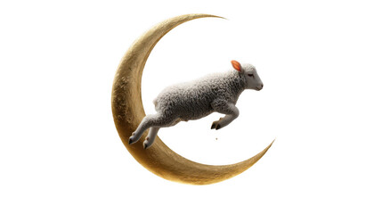 Lamb jumping over crescent moon on black background
