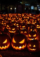 Halloween Photo Jack O Lanterns Glowing Orange at Night
