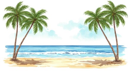 Obraz premium Illustration Beach with Palm Trees Seaside Tropical Paradise Scene