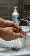 Hands Washing with Water at Sink for Hygiene and Virus Prevention