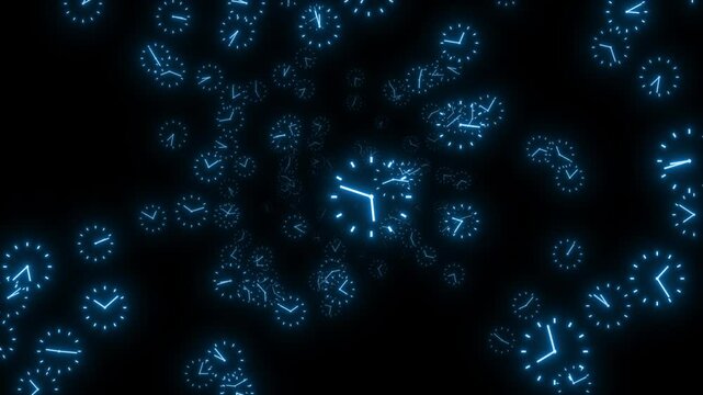 Surreal Time Travel Background &ndash; Clocks Floating in Blue Space-Time Tunnel. Seamless loopable animation background.