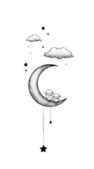 Whimsical night scene with moon and clouds in starry sky