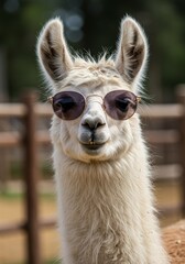 Obraz premium Funny Llama Photo Wearing Sunglasses a Cute Animal Portrait Close-up