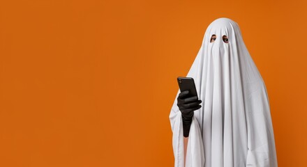 Funny Ghost Photo Halloween Costume With Phone On Orange Background