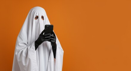 Ghost Photo With White Sheet Costume Holding Black Mobile Phone