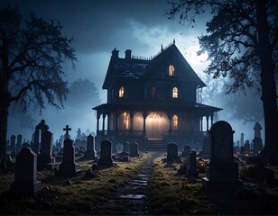 Haunted house at night in graveyard