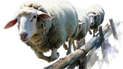 Sheep jumping over fence against black background