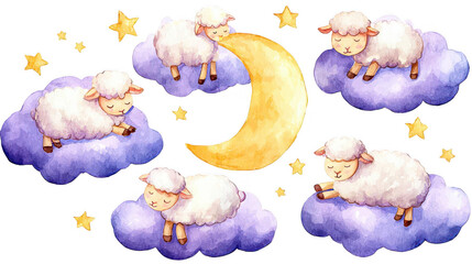 Dreamy illustration of sheep sleeping on clouds with crescent moon and stars