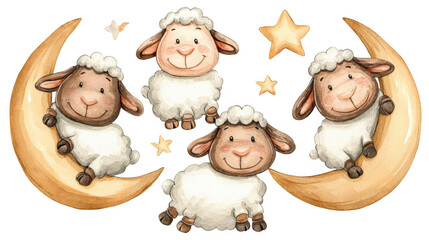 Illustrated cute sheep and crescent moons with stars in black background