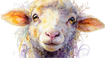 Watercolor portrait of sheep on black background with artistic details