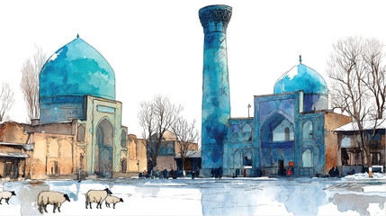 Winter mosque complex illustration