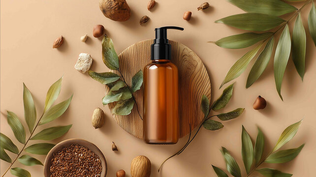 Organic hair serum in pump bottle on white background - Powered by Adobe