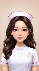 Illustration of Brunette Nurse Woman in White Uniform and Cap Portrait