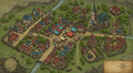 Obraz premium Illustration Ancient Medieval Town Map Detailed Urban Cartography Graphic