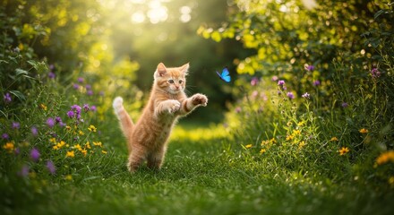 Cute Kitten Pursues Blue Butterfly Playful Summer Meadow Photo