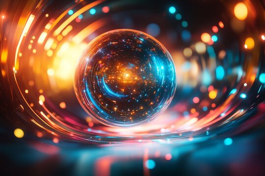 Glowing digital sphere in a dynamic neon data stream with abstract futuristic light trails and vibrant colors