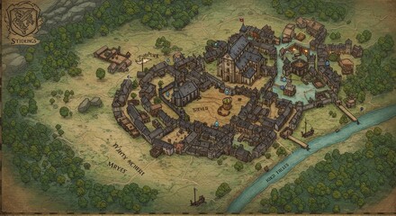Fototapeta premium Illustration Old City Detailed Ancient Town Map Topography