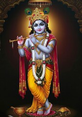 Fototapeta premium Illustration of Krishna Divine God with Flute Peacock Feather Crown