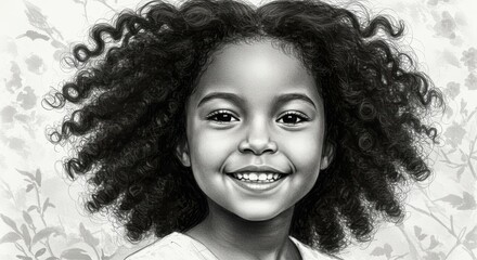 Illustration Portrait Of Smiling Curly Haired Girl With Floral Pattern
