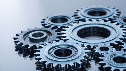 Interlocking metal gears in a circular pattern, symbolizing teamwork and precision in industrial collaboration.