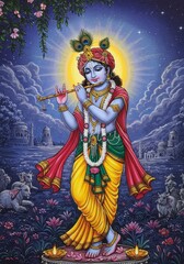 Illustration Of Lord Krishna Playing Flute Divine Hindu Deity