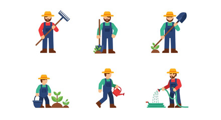 Fototapeta premium Cartoon Farmers in Overalls Performing Various Agricultural Tasks
