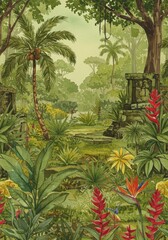 Illustration Verdant Jungle Abundant Trees Lush Green Tropical Forest Scene