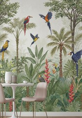 Illustration Tropical Forest With Parrots Green Leaves Home Interior