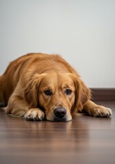 Indoor Photo Cute Golden Retriever Dog Resting on Brown Floor