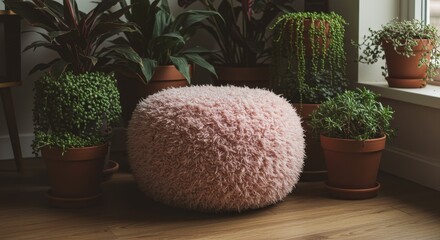Indoor Plants with Fuzzy Pink Pouf in Cozy Interior Decoration