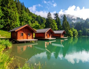 Fototapeta premium Wooden cabins on a tranquil lake