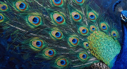 Obraz premium Detailed Peacock Feathers with Vibrant Plumage Colorful Bird Close Up