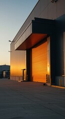 Industrial Building Exterior at Sunset with Metal Facade and Door