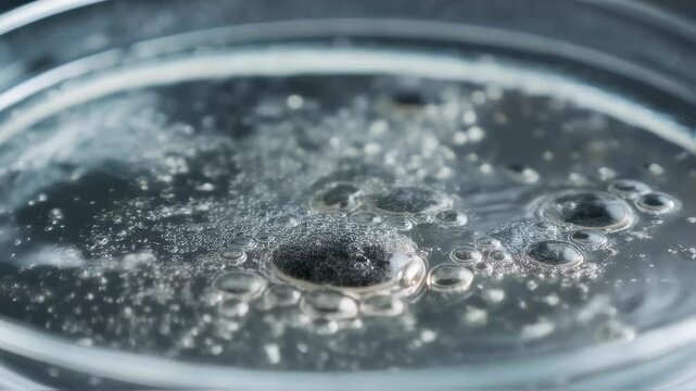 Solvent droplets interacting with coal ash particles inside scientific petri dish, generating dynamic cavitation bubbles and revealing intricate chemical reaction mechanisms