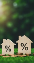 Illustrative Percentage Houses with Coins on Green Grass Background