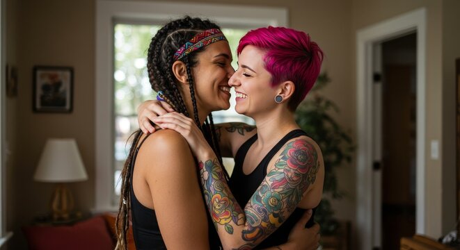 Intimate Photo Two Women Embrace Tenderness Expressing Love Tattoos - Powered by Adobe