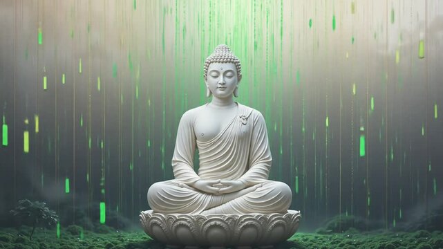 white buddha statue in meditation pose on black background with green rain matrix. vesak festival, buddhist festival and lord buddha, meditation and mindfulness, technology and buddhism. 4k video